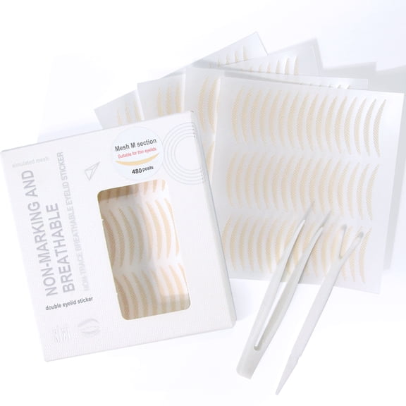 TORMEN 240 Pairs Double Eyelid Lift Strips, Invisible Waterproof Natural Lace Mesh with Forked Rods and Tweezers for Hooded, Droopy, Uneven, or Mono-eyelids with Thin eyelids and Slim (Crescent)