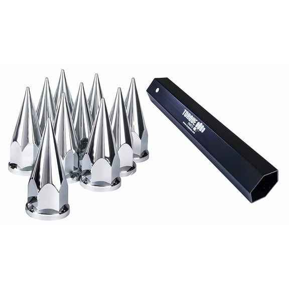 TORQUE 10 pcs of 33mm Chrome Spike Screw-on Lug Nut Covers w/Remover Tool Socket (Universal Fit) for Volvo & International & Peterbilt & Kenworth & Mack & Freightliner Semi Trucks (TR10570, TR10259)