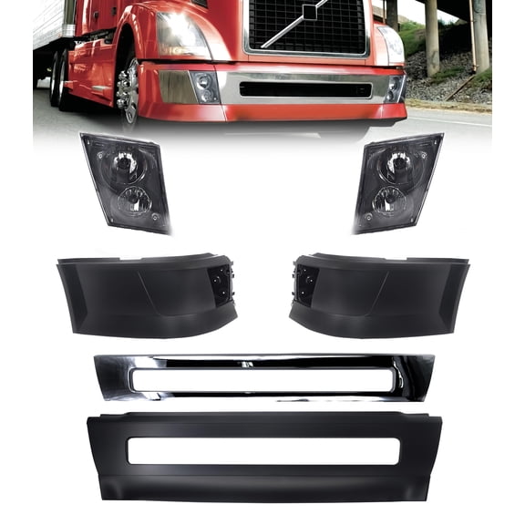 TORQUE Full Bumper Set (with Fog Light Holes) Replacement for 2004-2015 Volvo VNL/VN Semi Trucks Driver Left Side Passenger Right Side RHD Front Center (TR002, TR004, TR011)