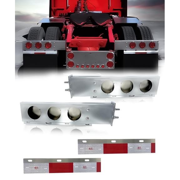 TORQUE Mud Flap Hanger for Semi Trucks 2-1/2" Bolt Spacing 30" Stainless Steel 4" Light Cutouts, Lights NOT Included, Spring Loaded, Straight, Light Bar Tail Light (TRMFH309 + TRMFHREFS24)