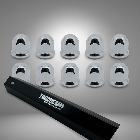 TORQUE Remover Tool Socket w/ 10 Pack Luxury Lug Nut Covers for Semi Truck 33 mm Lug Nuts (Universal Fit) for Volvo & Peterbilt & Kenworth & Mack & Freightliner Semi Trucks (TR10259)