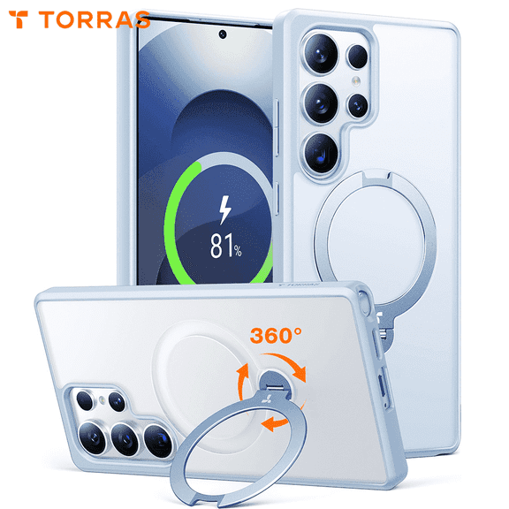 TORRAS 360 Spin Magnetic Stand for Samsung Galaxy S25 Ultra Case, Fit for Magsafe, Shockproof Slim Protective with Kickstand for Women Men, Ostand Spin, Translucent Frosted Silverblue