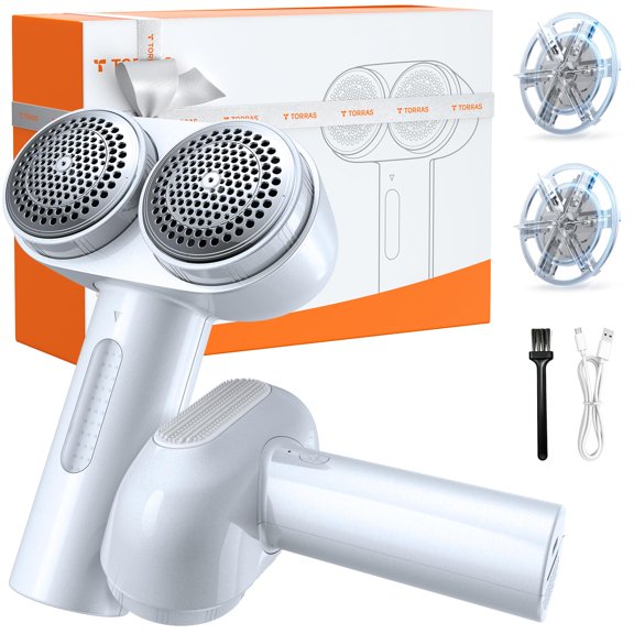 TORRAS Dual-Head Fabric Shaver, Longest Durability & 50ml Large Capacity Rechargeable Lint Removers to Remove Pills, 6-Leaf Blades Defuzzer, Electric Shaver for Clothes Couch Furniture, Pearl White
