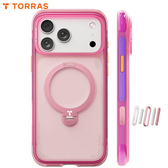 TORRAS Flagship 360 Click-Lock Rotating Stand Case for iPhone 17 Pro Max| Hardcore Air Cushion Tech | Mil-Grade Protection | Fit for MagSafe | Camera Control | Ostand Q3 Air 6.9" Neon Sunset