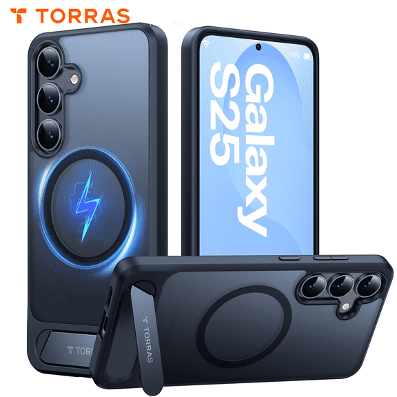 TORRAS Magnetic Kickstand Case for Samsung Galaxy S25, Military-Grade Drop Protection, MagSafe Compatible, Slim Translucent Back with Black Edge