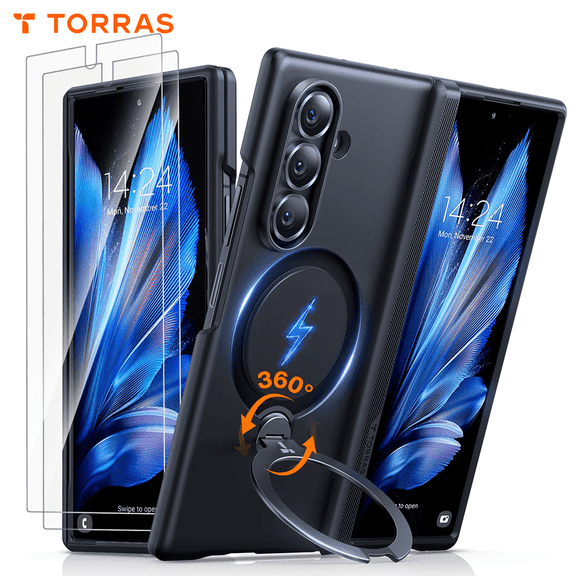 TORRAS Magnetic Stand Case for Samsung Galaxy Z Fold 7, 360 Ring Kickstand, Military-Grade Hinge Protection, MagSafe Compatible Slim Armor Cover, Black