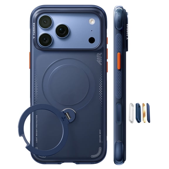 TORRAS Ostand Q3 Air Case for iPhone 17 Pro, 360 Magnetic Stand, MagSafe Compatible, Camera Control Button, Shockproof, Deep Blue
