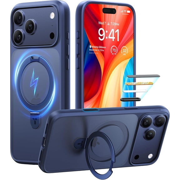 TORRAS Ostand for iPhone 17 Pro Max Case [Military Grade Protection] [Fit MagSafe] [Built in Kickstand] [Camera Control Button] Translucent Magnetic Slim Back Soft Edge Deep Blue