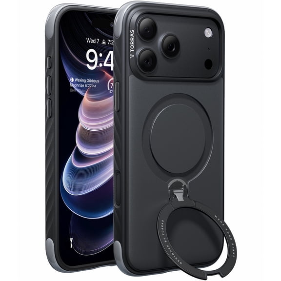 TORRAS Q3 Rugg Case for iPhone 18 Pro Max, MagSafe Compatible, 360° Rotating Stand, 12-Foot Drop Tested, Jet Black