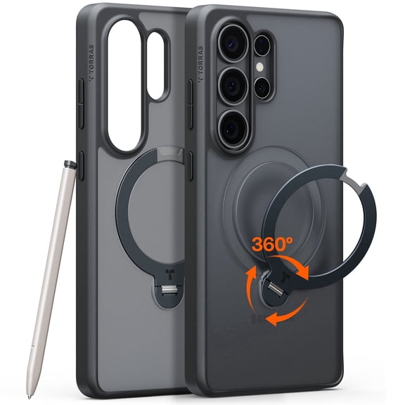 TORRAS 360 Spin Magnetic Stand for Samsung Galaxy S26 Ultra Case, Fit for Magsafe, Military Grade Slim Protective S26 Ultra Case with Kickstand & Ring Holder, Ostand Spin, Translucent Frosted Black