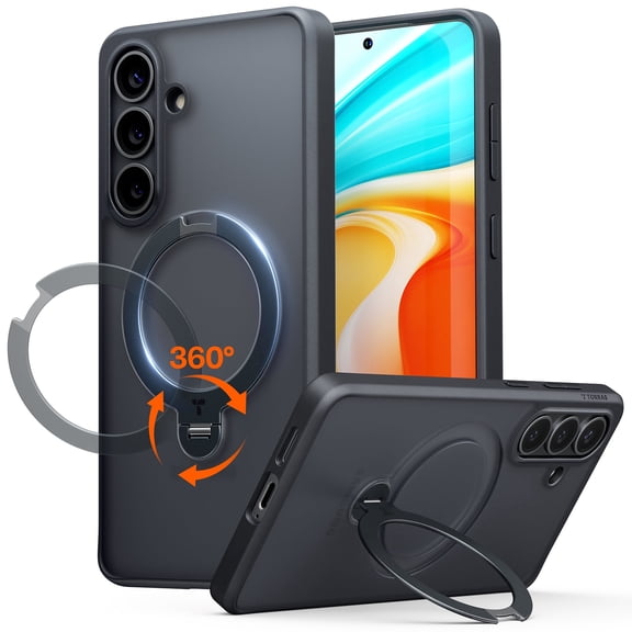 TORRAS 360 Spin Magnetic Stand for Samsung Galaxy S26 Case, Fit for Magsafe, Military Grade Slim Protective S26 Case with Kickstand & Ring Holder, Ostand Spin, Translucent Frosted Black