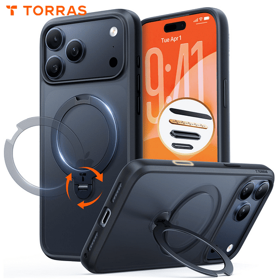 TORRAS Q3 Spin for iPhone 17 Pro Max Case with Camera Control Button, Wireless Charging Compatible, Shookproof Magnetic 360 Kickstand Case for 17 Pro Max Phone Case with Stand, Black