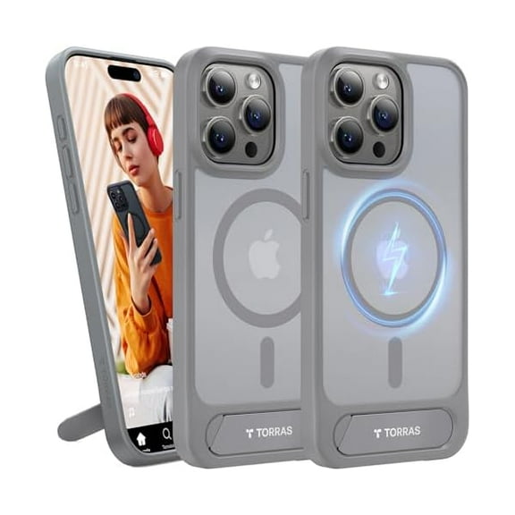 TORRAS Strong Magnetic & Seamless Stand for iPhone 15 Pro Max Case, Fit for MagSafe, Mil-Grade Drop Protection, Adjustable Kickstand Phone Case for iPhone 15 Pro Max, Slim Natural Titanium Gray