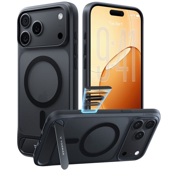 TORRAS L1 Magnetic Stand Case for iPhone 18 Pro, 12-Foot Drop Protection, Black