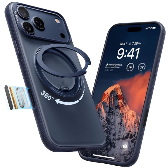 TORRAS Upgraded 360 Rotatable Magnetic Stand for iPhone 17 Pro Max Case, Fit for MagSafe with Ring, Mil-Grade Protection, Camera Control, Translucent Slim for 17 ProMax Case Ostand, Blue