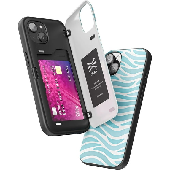 TORU CX HYBRID for iPhone 14 Wallet Case | Dual Layer Slim Protective Hard Cover with Hidden 2-Credit Card Slot Holder - Ocean Waves Pattern