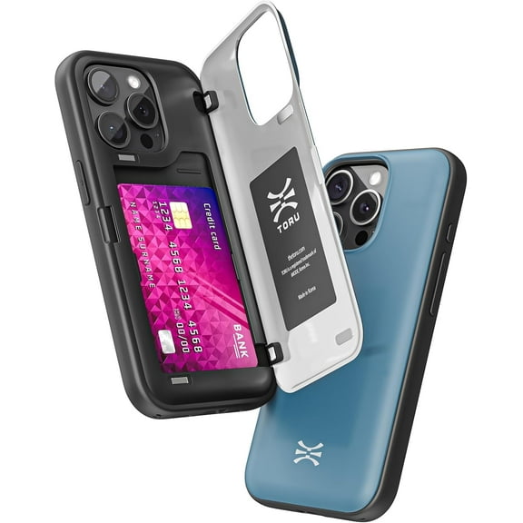 TORU CX HYBRID for iPhone 15 Pro Max Wallet Case | Dual Layer Slim Protective Hard Cover with Hidden 2-Credit Card Slot Holder - Blue