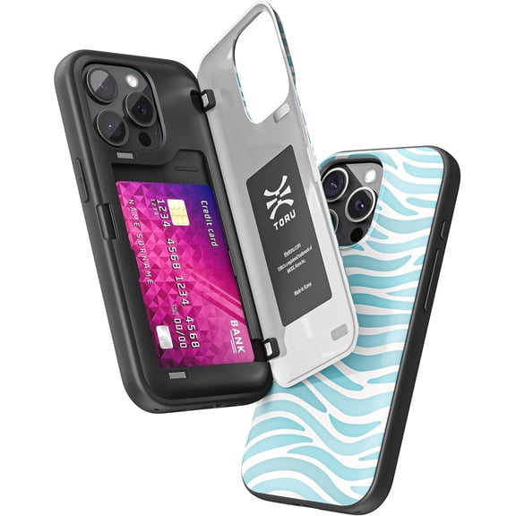 TORU CX HYBRID for iPhone 15 Pro Max Wallet Case | Dual Layer Slim Protective Hard Cover with Hidden 2-Credit Card Slot Holder - Ocean Waves Pattern