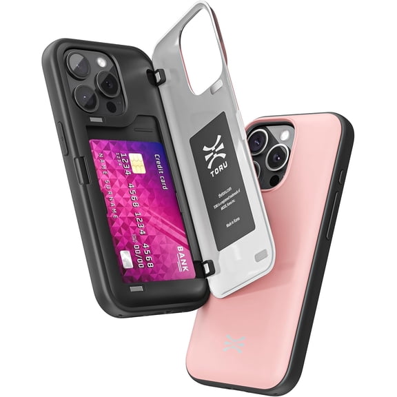 TORU CX HYBRID for iPhone 15 Pro Wallet Case | Dual Layer Slim Protective Hard Cover with Hidden 2-Credit Card Slot Holder - Pink