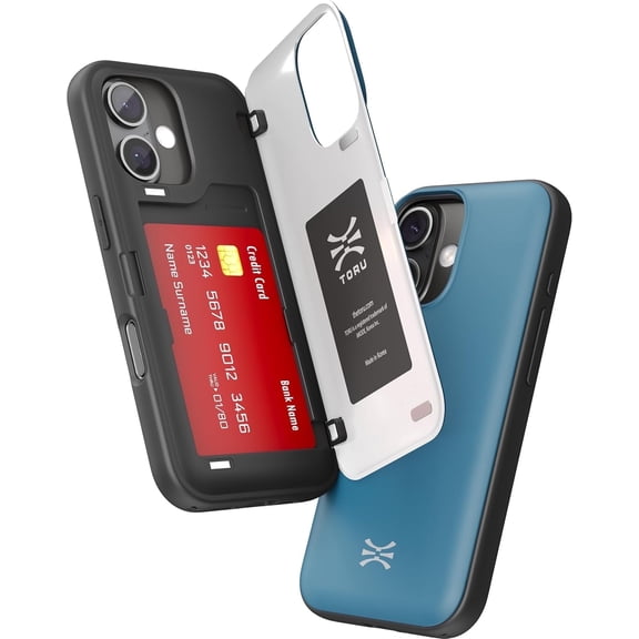 TORU CX HYBRID for iPhone 16 Plus Wallet Case | Dual Layer Slim Protective Hard Cover with Hidden 2-Credit Card Slot Holder - Blue