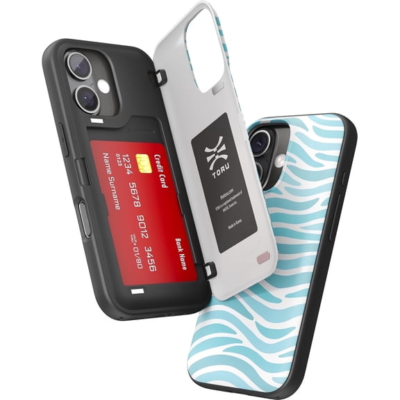 TORU CX HYBRID for iPhone 16 Plus Wallet Case | Dual Layer Slim Protective Hard Cover with Hidden 2-Credit Card Slot Holder - Ocean Waves Pattern