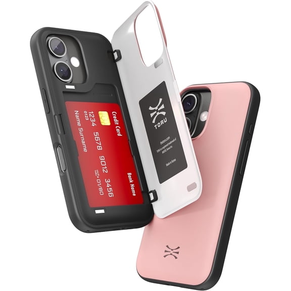 TORU CX HYBRID for iPhone 16 Plus Wallet Case | Dual Layer Slim Protective Hard Cover with Hidden 2-Credit Card Slot Holder - Pink