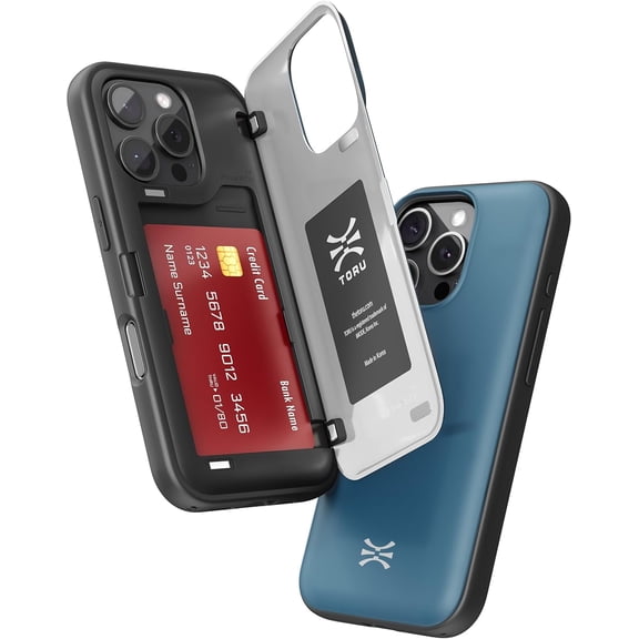 TORU CX HYBRID for iPhone 16 Pro Max Wallet Case | Dual Layer Slim Protective Hard Cover with Hidden 2-Credit Card Slot Holder - Blue