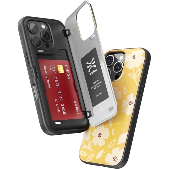 TORU CX HYBRID for iPhone 16 Pro Max Wallet Case | Dual Layer Slim Protective Hard Cover with Hidden 2-Credit Card Slot Holder - Floral Pattern