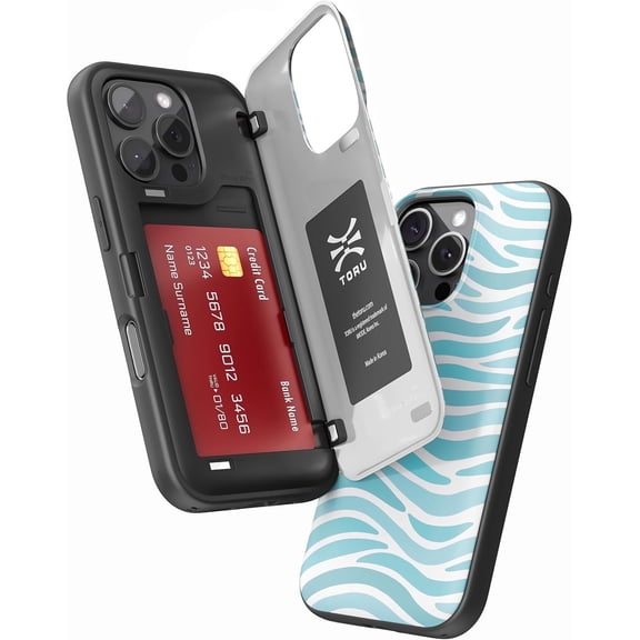 TORU CX HYBRID for iPhone 16 Pro Max Wallet Case | Dual Layer Slim Protective Hard Cover with Hidden 2-Credit Card Slot Holder - Ocean Waves Pattern