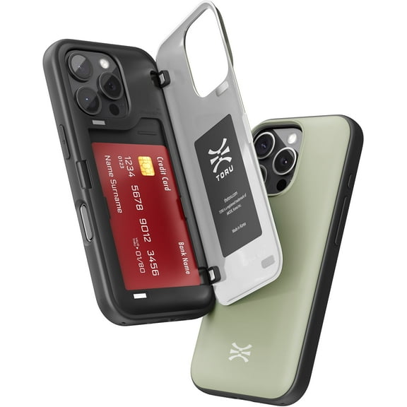 TORU CX HYBRID for iPhone 16 Pro Wallet Case | Dual Layer Slim Protective Hard Cover with Hidden 2-Credit Card Slot Holder - Green