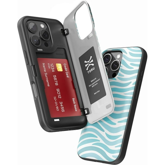 TORU CX HYBRID for iPhone 16 Pro Wallet Case | Dual Layer Slim Protective Hard Cover with Hidden 2-Credit Card Slot Holder - Ocean Waves Pattern