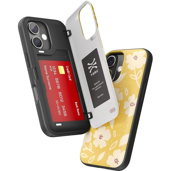 TORU CX HYBRID for iPhone 16 Wallet Case | Dual Layer Slim Protective Hard Cover with Hidden 2-Credit Card Slot Holder - Floral Pattern