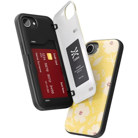 TORU CX HYBRID for iPhone 16e Wallet Case | Dual Layer Slim Protective Hard Cover with Hidden 2-Credit Card Slot Holder - Floral Pattern