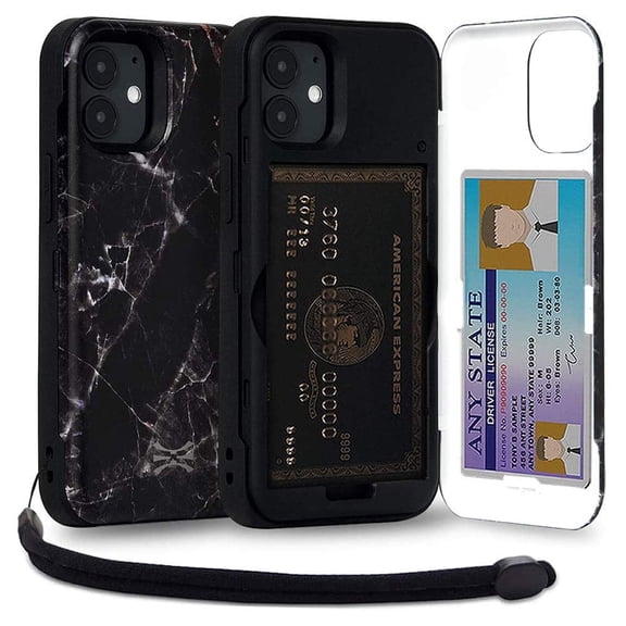 TORU CX PRO Case for iPhone 12 Mini, with Card Holder | Slim Protective Shockproof Cover with Hidden Credit Cards Wallet Flip Slot Compartment Kickstand | Include Mirror and Wrist Strap - Marble
