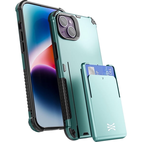 TORU CX PRO for iPhone 14 Plus Slim Hard Wallet Case | Detachable Sliding Card Holder for 3 Cards | Dual Layer Protective Shockproof Cover for Wireless Charging - Green