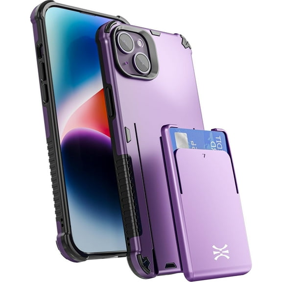 TORU CX PRO for iPhone 14 Plus Slim Hard Wallet Case | Detachable Sliding Card Holder for 3 Cards | Dual Layer Protective Shockproof Cover for Wireless Charging - Purple