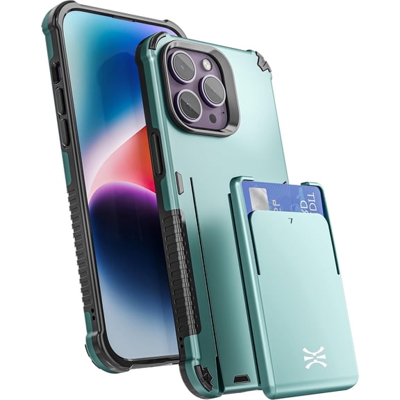 TORU CX PRO for iPhone 14 Pro Max Slim Hard Wallet Case | Detachable Sliding Card Holder for 3 Cards | Dual Layer Protective Shockproof Cover for Wireless Charging - Green