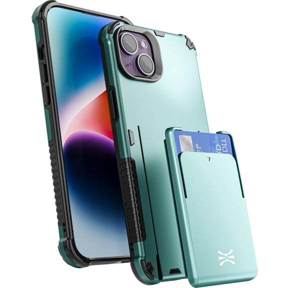 TORU CX PRO for iPhone 14 Slim Hard Wallet Case | Detachable Sliding Card Holder for 3 Cards | Dual Layer Protective Shockproof Cover for Wireless Charging - Green