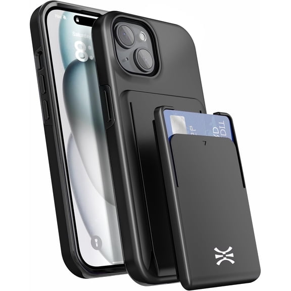 TORU CX PRO for iPhone 15 Pro Hard Wallet Case with Detachable Sliding Card Holder for 3 Cards | Slim Dual Layer Protective Shockproof Cover for Wireless Charging - Black