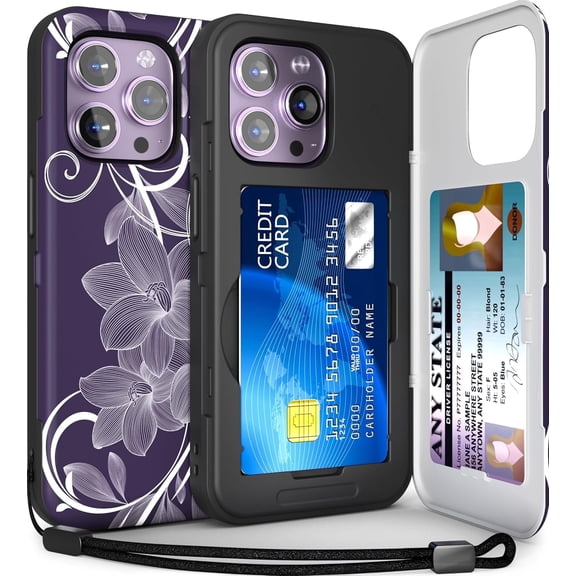 TORU CX SLIM for iPhone 14 Pro Case Wallet | Protective Shockproof Heavy Duty Cover with Hidden Card Holder & Card Slot | Mirror & Wrist Strap Included - Flowers