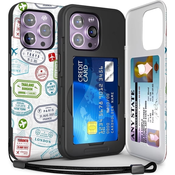 TORU CX SLIM for iPhone 14 Pro Case Wallet | Protective Shockproof Heavy Duty Cover with Hidden Card Holder & Card Slot | Mirror & Wrist Strap Included - Travel Stamps