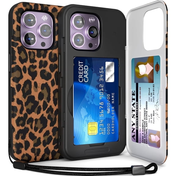 TORU CX SLIM for iPhone 14 Pro Max Case Wallet | Protective Shockproof Heavy Duty Cover with Hidden Card Holder & Card Slot | Mirror & Wrist Strap Included - Leopard
