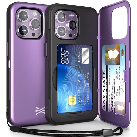 TORU CX SLIM for iPhone 14 Pro Max Case Wallet | Protective Shockproof Heavy Duty Cover with Hidden Card Holder & Card Slot | Mirror & Wrist Strap Included - Purple