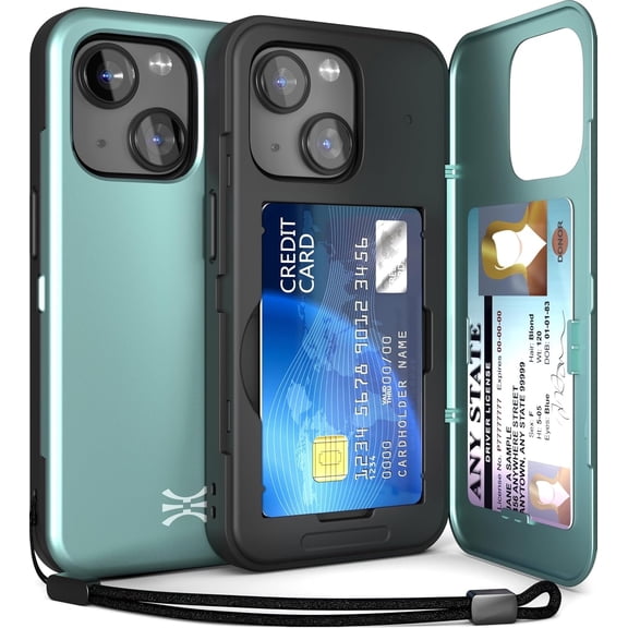 TORU CX SLIM for iPhone 15 Case Wallet | Protective Shockproof Heavy Duty Cover with Hidden Card Holder & Card Slot | Mirror & Wrist Strap Included - Green