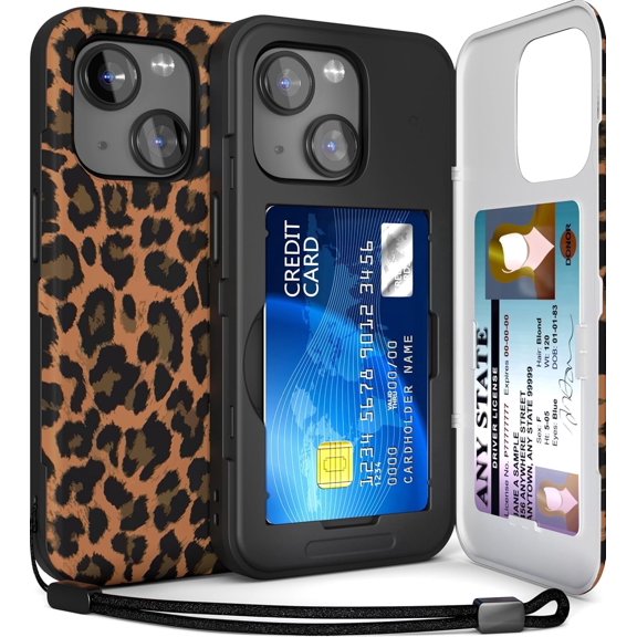 TORU CX SLIM for iPhone 15 Case Wallet | Protective Shockproof Heavy Duty Cover with Hidden Card Holder & Card Slot | Mirror & Wrist Strap Included - Leopard