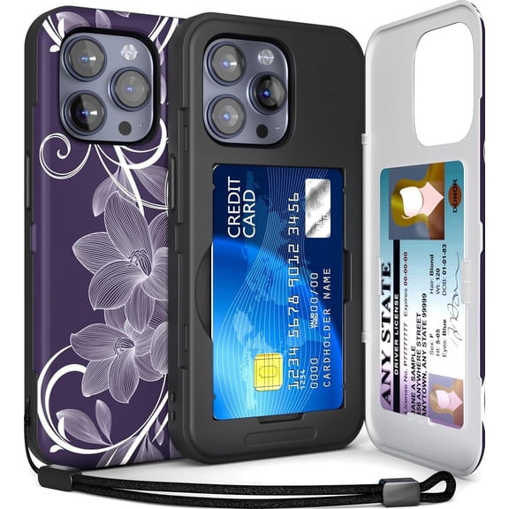 TORU CX SLIM for iPhone 15 Pro Case Wallet | Protective Shockproof Heavy Duty Cover with Hidden Card Holder & Card Slot | Mirror & Wrist Strap Included - Flowers