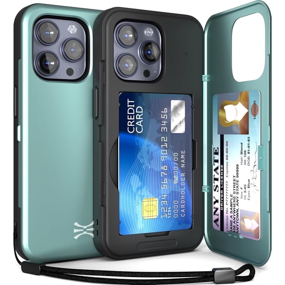 TORU CX SLIM for iPhone 15 Pro Case Wallet | Protective Shockproof Heavy Duty Cover with Hidden Card Holder & Card Slot | Mirror & Wrist Strap Included - Green