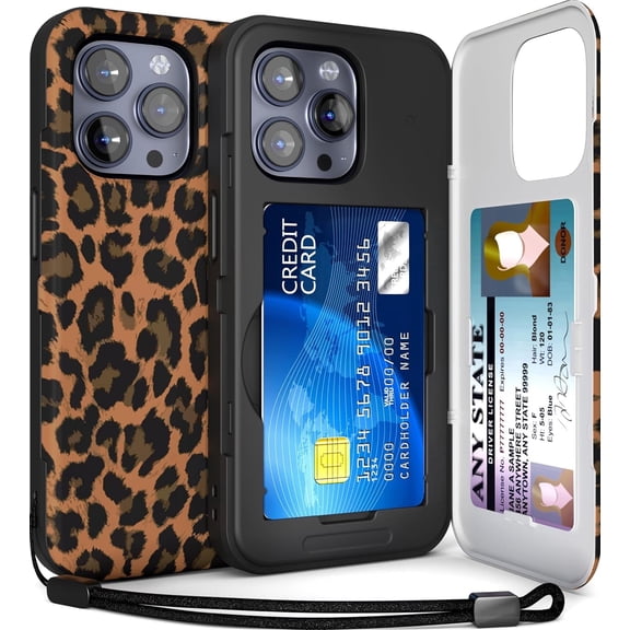 TORU CX SLIM for iPhone 15 Pro Case Wallet | Protective Shockproof Heavy Duty Cover with Hidden Card Holder & Card Slot | Mirror & Wrist Strap Included - Leopard