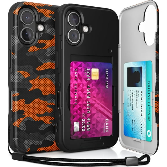 TORU CX SLIM for iPhone 16 Case Wallet | Protective Shockproof Heavy Duty Cover with Hidden Card Holder & Card Slot | Mirror & Wrist Strap Included - Camouflage