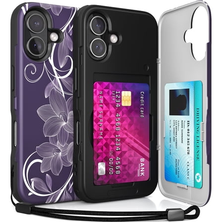TORU CX SLIM for iPhone 16 Case Wallet | Protective Shockproof Heavy Duty Cover with Hidden Card Holder & Card Slot | Mirror & Wrist Strap Included - Flowers